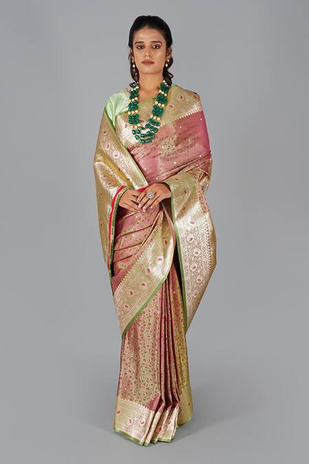 Buy_Gaurav Katta_Pink Silk, Cotton Embroidery Round Neck Banarasi Floral Woven Saree With Blouse _Online_at_Aza_Fashions