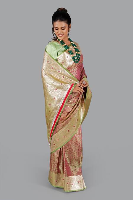 Shop_Gaurav Katta_Pink Silk, Cotton Embroidery Round Neck Banarasi Floral Woven Saree With Blouse _Online_at_Aza_Fashions