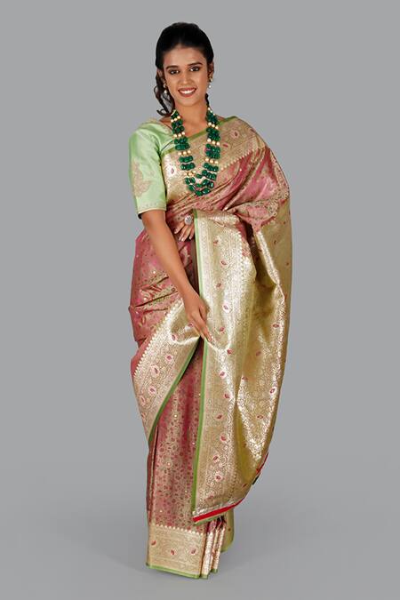 Buy_Gaurav Katta_Pink Silk, Cotton Embroidery Round Neck Banarasi Floral Woven Saree With Blouse 