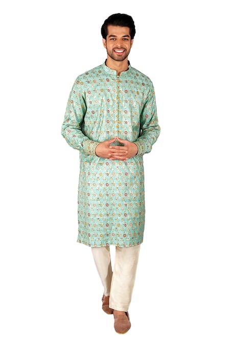 Gaurav Katta_Blue Hand Banarasi Silk Floral Jaal Kurta With Pant _Online_at_Aza_Fashions