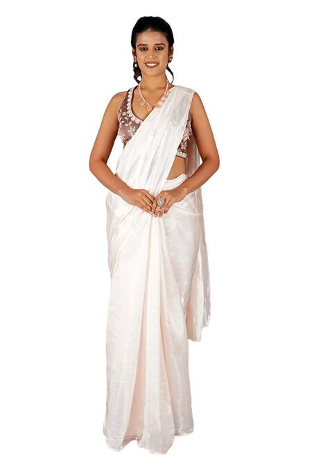 Gaurav Katta_Pink Satin, Silk, Cotton Pearls, Embroidery Plain Metallic Saree With Blouse _Online_at_Aza_Fashions