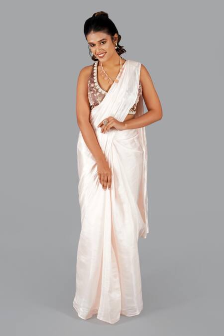 Shop_Gaurav Katta_Pink Satin, Silk, Cotton Pearls, Embroidery Plain Metallic Saree With Blouse _Online_at_Aza_Fashions