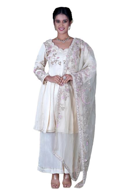 Gaurav Katta Off White Modal, Silk Satin, Cotton, Floral Thread Short Anarkali Sharara Set Online at Aza Fashions Gaurav Katta_Off White Modal, Silk Satin, Cotton, Floral Thread Short Anarkali Sharara Set _Online_at_Aza_Fashions