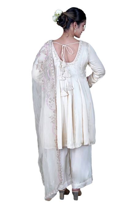 Gaurav Katta Off White Modal, Silk Satin, Cotton, Floral Thread Short Anarkali Sharara Set at Aza Fashions Gaurav Katta_Off White Modal, Silk Satin, Cotton, Floral Thread Short Anarkali Sharara Set _at_Aza_Fashions