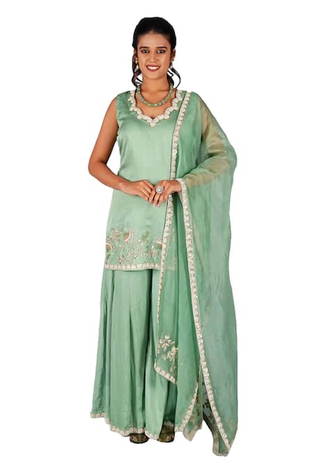 Gaurav Katta_Green Organza, Cotton Pearls, Embroidery Scoop Floral Thread Kurta Sharara Set _Online_at_Aza_Fashions