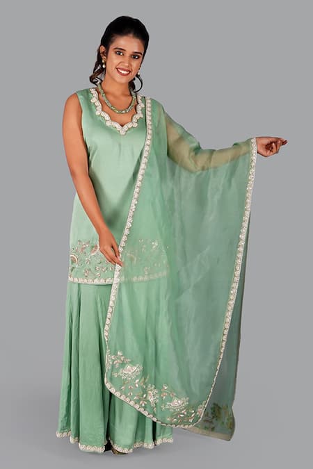 Buy_Gaurav Katta_Green Organza, Cotton Pearls, Embroidery Scoop Floral Thread Kurta Sharara Set _Online_at_Aza_Fashions