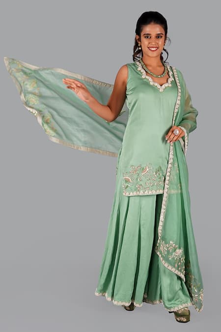 Shop_Gaurav Katta_Green Organza, Cotton Pearls, Embroidery Scoop Floral Thread Kurta Sharara Set _Online_at_Aza_Fashions