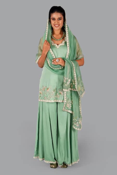 Gaurav Katta_Green Organza, Cotton Pearls, Embroidery Scoop Floral Thread Kurta Sharara Set _at_Aza_Fashions
