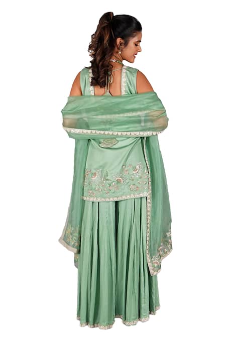 Buy_Gaurav Katta_Green Organza, Cotton Pearls, Embroidery Scoop Floral Thread Kurta Sharara Set 