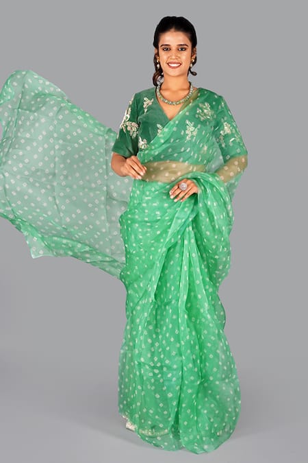 Shop_Gaurav Katta_Green Organza, Cotton Embroidery V-neck Bandhani Saree With Blouse _Online_at_Aza_Fashions