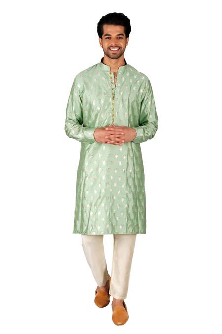 Gaurav Katta Green Hand Banarasi Silk Floral Kurta With Pant Online at Aza Fashions Gaurav Katta_Green Hand Banarasi Silk Floral Kurta With Pant _Online_at_Aza_Fashions