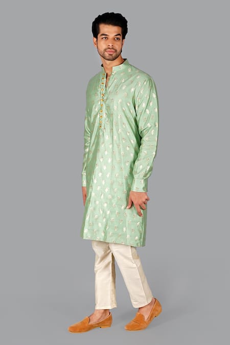 Buy_Gaurav Katta_Green Hand Banarasi Silk Floral Kurta With Pant _Online_at_Aza_Fashions