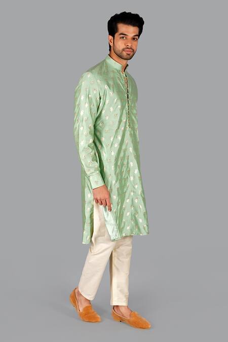 Shop_Gaurav Katta_Green Hand Banarasi Silk Floral Kurta With Pant _Online_at_Aza_Fashions