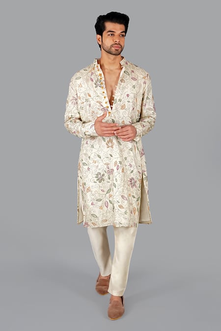 Gaurav Katta Beige Tusser Silk Embroidered Kantha Kurta With Pant 