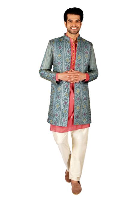 Gaurav Katta_Blue Tussar Silk Embroidered Kantha Jacket Pant Set _Online_at_Aza_Fashions