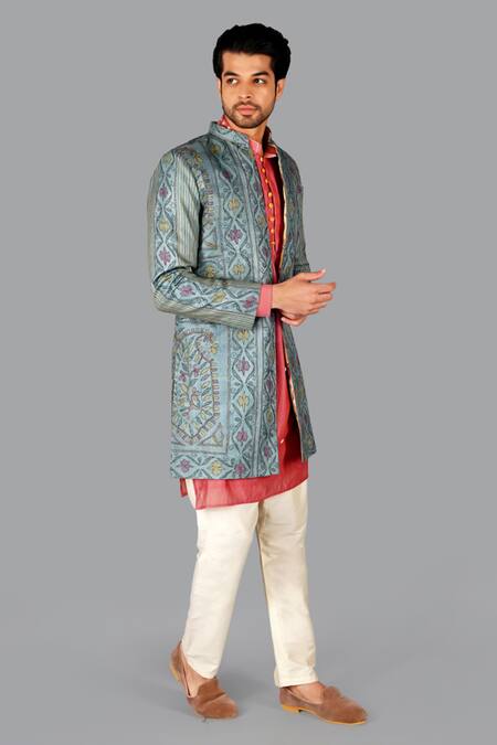 Buy_Gaurav Katta_Blue Tussar Silk Embroidered Kantha Jacket Pant Set _Online_at_Aza_Fashions