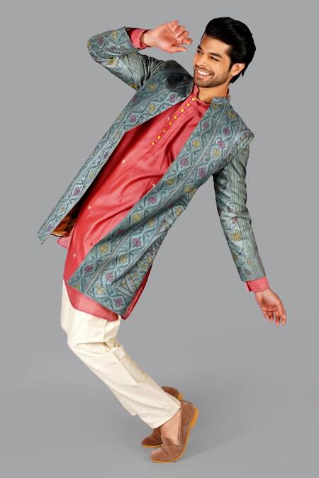 Gaurav Katta_Blue Tussar Silk Embroidered Kantha Jacket Pant Set _at_Aza_Fashions