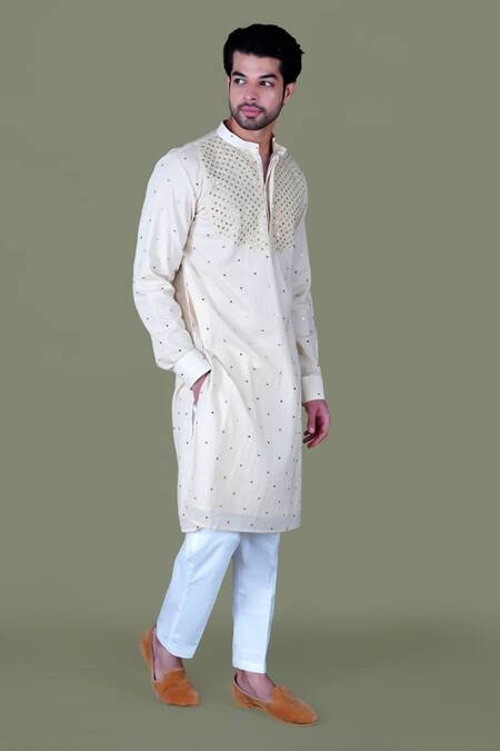 Shop_Gaurav Katta_Beige Silk Chanderi Embroidered Mukaish Kurta And Aligadi Pant Set _Online_at_Aza_Fashions