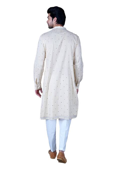 Gaurav Katta Beige Silk Chanderi Embroidered Mukaish Kurta And Aligadi Pant Set at Aza Fashions Gaurav Katta_Beige Silk Chanderi Embroidered Mukaish Kurta And Aligadi Pant Set _at_Aza_Fashions