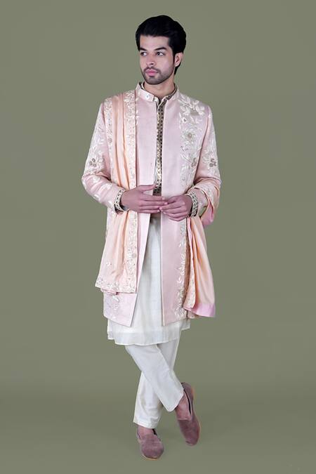 Gaurav Katta_Rose Gold Italian Cotton Embroidered Thread Sherwani Set _Online_at_Aza_Fashions