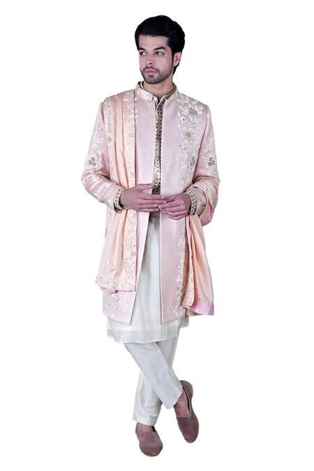 Buy_Gaurav Katta_Rose Gold Italian Cotton Embroidered Thread Sherwani Set _Online_at_Aza_Fashions