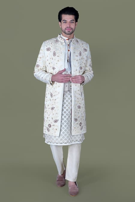 Gaurav Katta White Italian Cotton Embroidered Zardosi Sherwani Set 