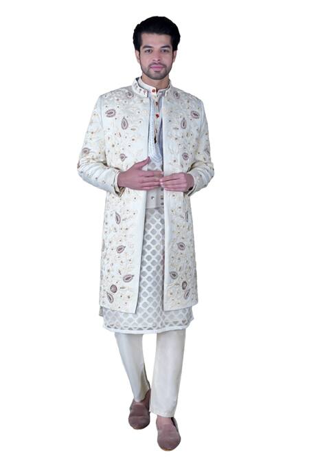 Gaurav Katta White Italian Cotton Embroidered Zardosi Sherwani Set Online at Aza Fashions Gaurav Katta_White Italian Cotton Embroidered Zardosi Sherwani Set _Online_at_Aza_Fashions