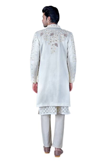 Shop Gaurav Katta White Italian Cotton Embroidered Zardosi Sherwani Set Online at Aza Fashions Shop_Gaurav Katta_White Italian Cotton Embroidered Zardosi Sherwani Set _Online_at_Aza_Fashions