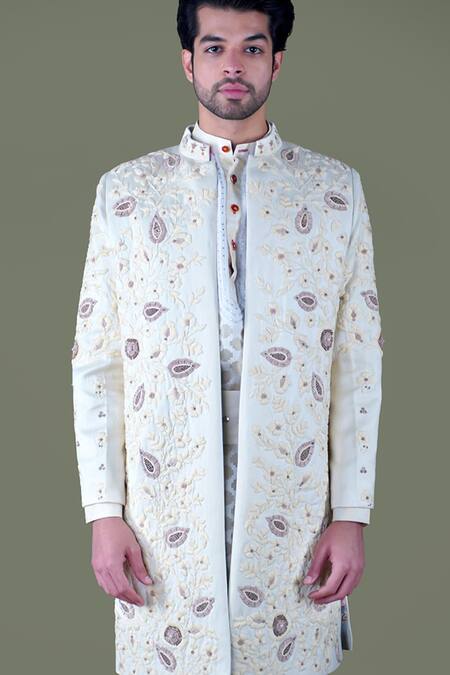 Gaurav Katta_White Italian Cotton Embroidered Zardosi Sherwani Set _at_Aza_Fashions