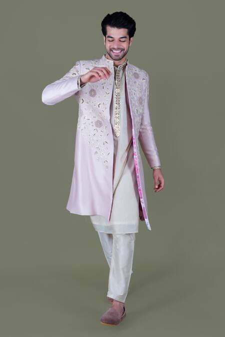 Gaurav Katta_Pink Italian Cotton Embroidered Zardosi Anchor Sherwani Set _at_Aza_Fashions
