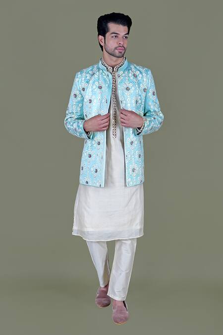 Buy_Gaurav Katta_Blue Italian Cotton Embroidered Zardosi Bandhgala Set _Online_at_Aza_Fashions