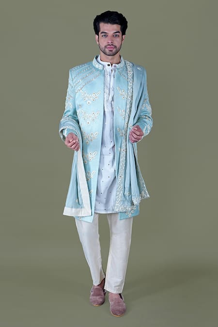 Gaurav Katta Blue Italian Cotton Embroidered Zardosi Thread Sherwani Set 