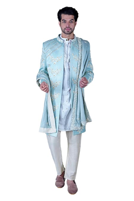 Gaurav Katta_Blue Italian Cotton Embroidered Zardosi Thread Sherwani Set _Online_at_Aza_Fashions