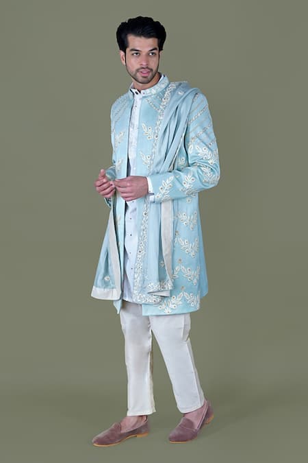 Buy_Gaurav Katta_Blue Italian Cotton Embroidered Zardosi Thread Sherwani Set _Online_at_Aza_Fashions