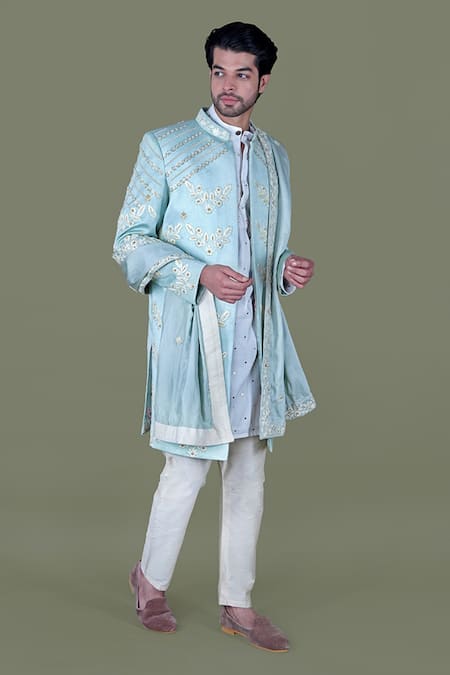 Shop_Gaurav Katta_Blue Italian Cotton Embroidered Zardosi Thread Sherwani Set _Online_at_Aza_Fashions