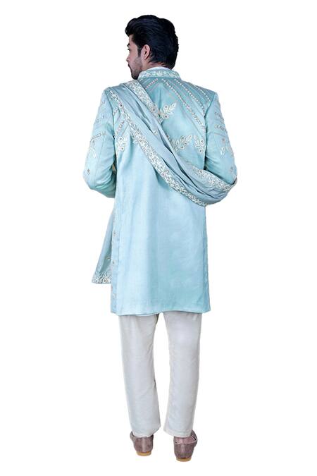 Gaurav Katta_Blue Italian Cotton Embroidered Zardosi Thread Sherwani Set _at_Aza_Fashions