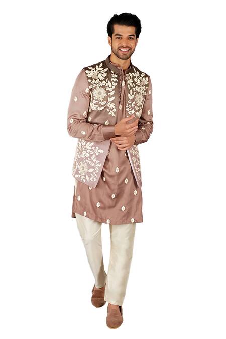 Gaurav Katta_Beige Italian Cotton Embroidered Floral Thread Nehru Jacket Set _Online_at_Aza_Fashions