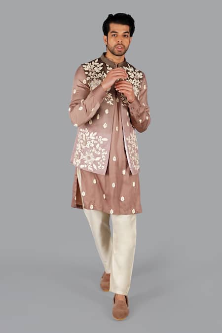 Buy_Gaurav Katta_Beige Italian Cotton Embroidered Floral Thread Nehru Jacket Set _Online_at_Aza_Fashions