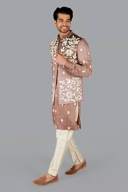 Shop_Gaurav Katta_Beige Italian Cotton Embroidered Floral Thread Nehru Jacket Set _Online_at_Aza_Fashions