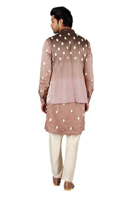 Gaurav Katta_Beige Italian Cotton Embroidered Floral Thread Nehru Jacket Set _at_Aza_Fashions