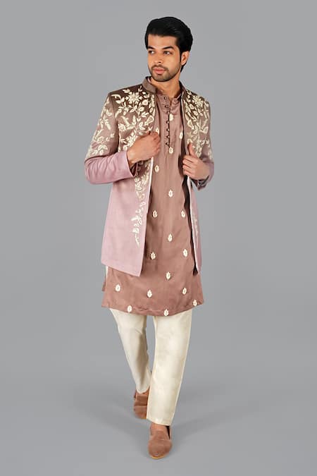 Gaurav Katta Beige Italian Cotton Embroidered Floral Front-open Jacket Kurta Set 