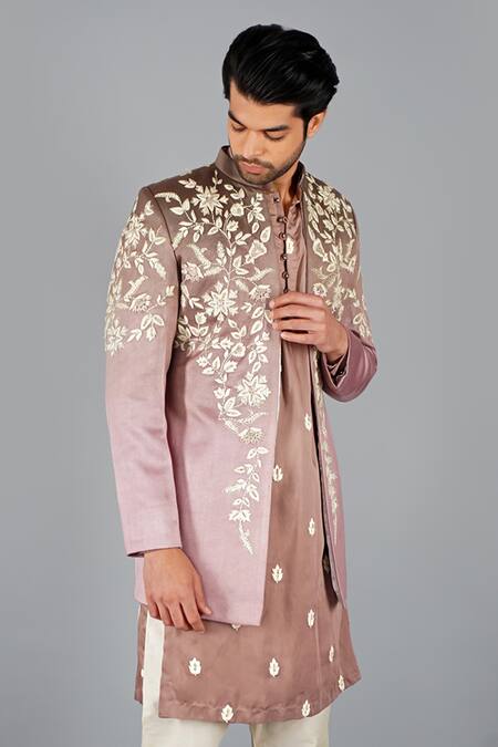 Gaurav Katta_Beige Italian Cotton Embroidered Floral Front-open Jacket Kurta Set _at_Aza_Fashions