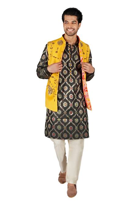 Gaurav Katta_Yellow Modal Silk Embroidered Zardosi Nehru Jacket _Online_at_Aza_Fashions