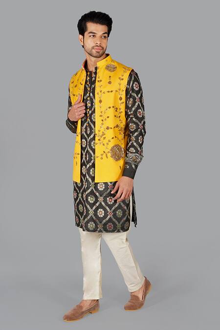 Gaurav Katta_Yellow Modal Silk Embroidered Zardosi Nehru Jacket _at_Aza_Fashions