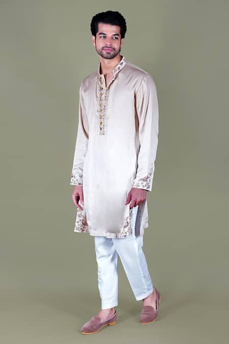 Buy_Gaurav Katta_White Modal, Silk, Cotton Embroidery Hem Kurta And Aligadi Pant Set _Online_at_Aza_Fashions
