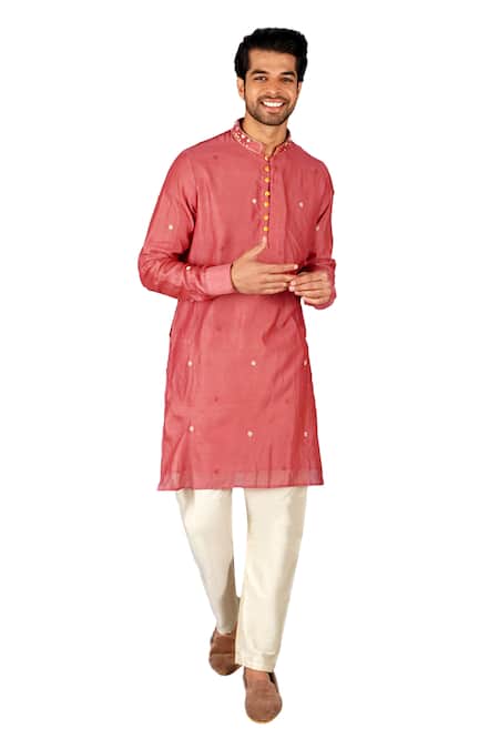 Gaurav Katta Red Chanderi, Cotton Pearls Embroidered Kurta And Pant Set Online at Aza Fashions Gaurav Katta_Red Chanderi, Cotton Pearls Embroidered Kurta And Pant Set _Online_at_Aza_Fashions