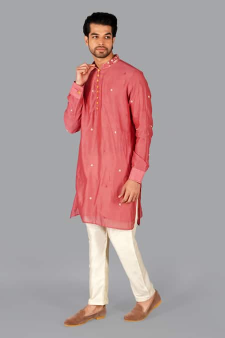 Buy_Gaurav Katta_Red Chanderi, Cotton Pearls Embroidered Kurta And Pant Set _Online_at_Aza_Fashions