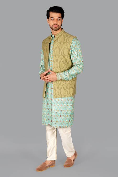 Buy_Gaurav Katta_Green Cut Work Embroidered Nehru Jacket _Online_at_Aza_Fashions