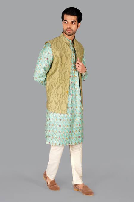 Shop_Gaurav Katta_Green Cut Work Embroidered Nehru Jacket _Online_at_Aza_Fashions
