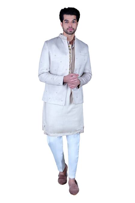 Gaurav Katta_White Italian Cotton Embroidered Pearl Nehru Jacket Set _Online_at_Aza_Fashions